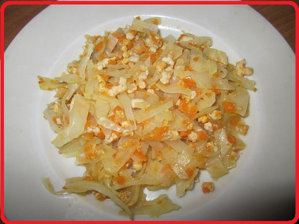 Капуста тушеная с куриным фаршем, луком и морковью.