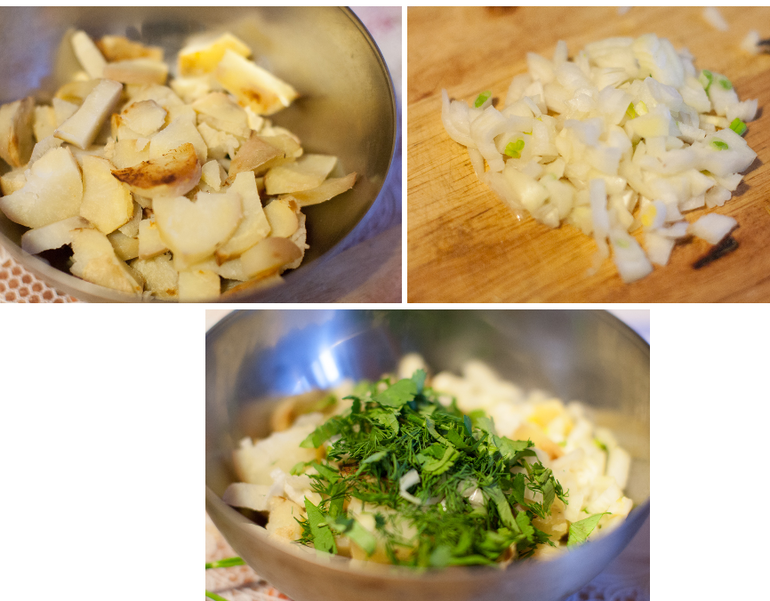 Картофельный салат с креветками.