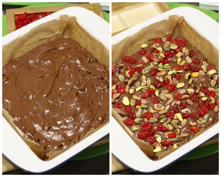 Шоколадный фарж с фисташками и вяленой вишней.