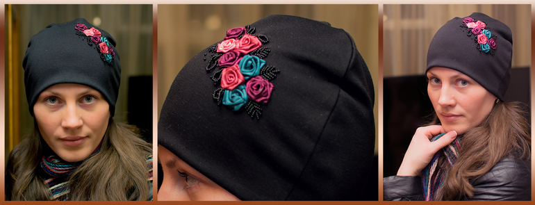 Мои шапочки с использованием атласных лент!