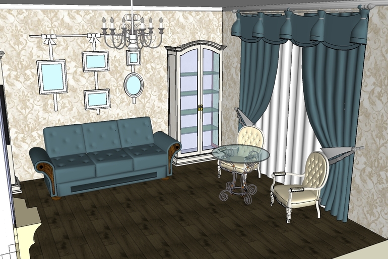 Проходная гостинная с камином.