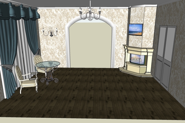 Проходная гостинная с камином.