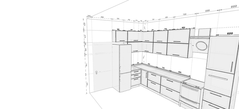 Проект кухни угловой с размерами с двухуровневыми шкафами