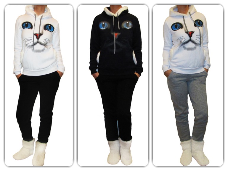 Спортивный костюм для девушек и женщин утепленный с принтом кошачьей мордочки - 1990 руб.