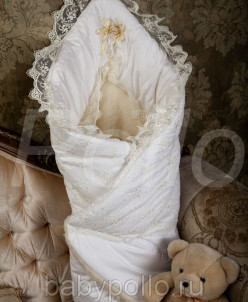 Нарядный конверт-одеяло с мехом, на пол.гипюр