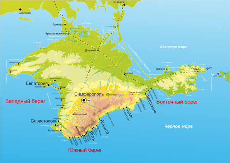 Карта побережья крыма с населенными пунктами у моря