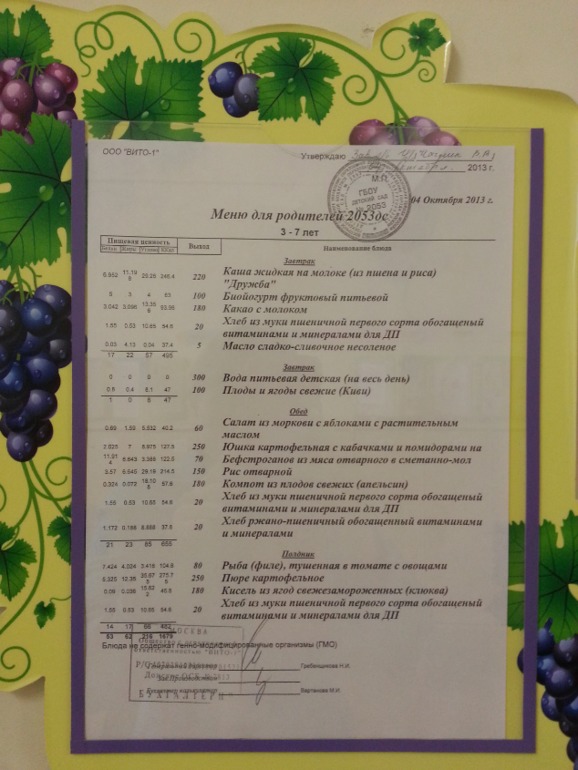 Меню в садике