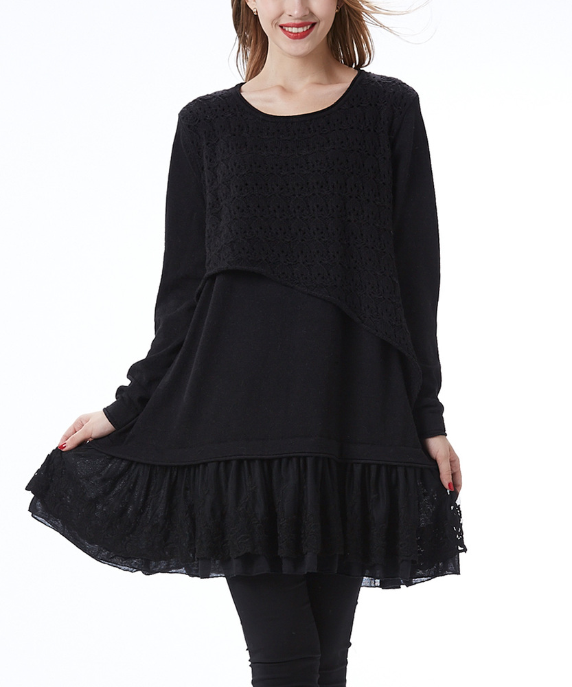 Black Asymmetrical-Crochet Lace-Layered Tunic