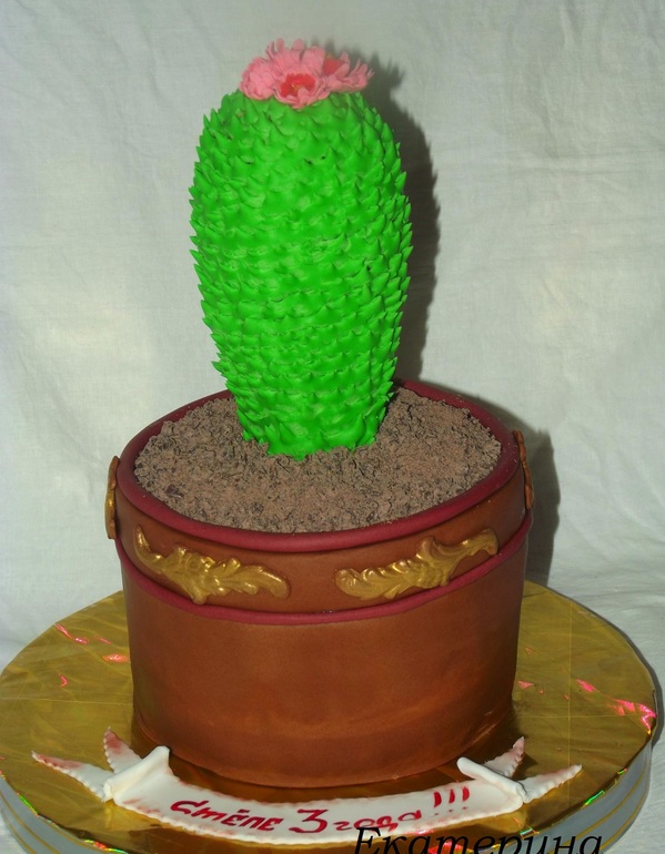 Тортик горшочек с кактусом. Для малыша, который любит всё сажать и копать в горшочках.