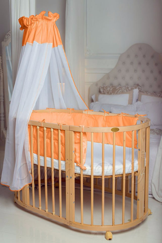 КРОВАТКА- ТРАНСФОРМЕР "COMFORT BABY" .Цена: 25 000 руб.  ХАРАКТЕРИСТИКИ:  возраст детей: 0-5 лет  габариты модели (Д х Ш х В): 1) колыбельки: 78*76*81 см  2) овальной кроватки: 128*76*81 cм  матрас приобретается отдельно.  максимальная нагрузка: 120 кг  Материал: изготавливается только из настоящего массива бука высшего сорта.  сборка: кровать в разобранном виде, простота сборки, инструкция по сборке на русском языке  продукция сертифицирована  производство: Россия  гарантия: 2 года   Дополнительные характеристики: 4 положения по высоте (расстояние положения дна от пола без колес: 1см, 12см, 37см, 57см; расстояние между отверстиями снизу-наверх: 12см, 15см, 20см.); 3 прутика - съемные.  КОНМПЛЕКТАЦИЯ:  1-я ступень - круглая кроватка  2-я ступень - овальная кроватка  3-я ступень - диванчик  4-я ступень - манеж  5-я и 6-я ступени - 2 кресла и столик  7-я ступень - пеленальный столик  ДОПОЛНИТЕЛЬНЫЕ ОПЦИИ:  Комплект постельный "Classic" +6950 руб.  Комплект постельный "Colorit" + 11990 руб.  Фирменный держатель для балдахина +790 руб.  Комплект цельных матрасов " Холкон"/ "Кокос" (круглый+овальный) +8490 руб  Маятник "ComfortBaby Pendulum" 2 в 1+6990 руб.